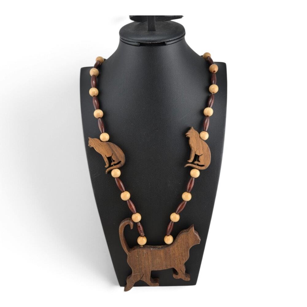 Vintage Wood Cat Necklace 30" Oversized Feline Pendant Carved Beaded Statement